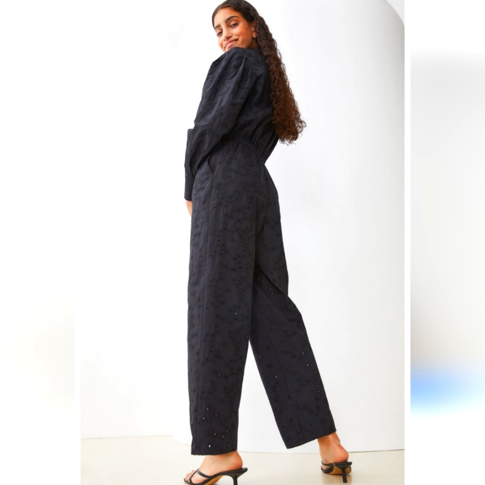 H&M Black Eyelet Detail Jumpsuit/Pantsuit Button Up Long Sleeve Collared NWT Med